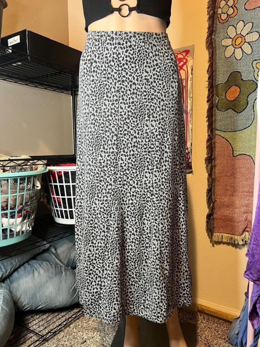 Vintage Jones New York Black Leopard Print Maxi Skirt